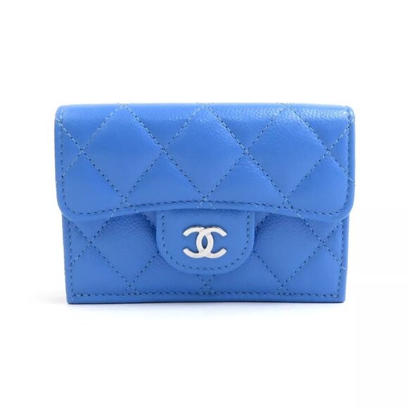Auth CHANEL Matelasse Trifold Wallet Blue Leather/Silvertone - Picture 2 of 16